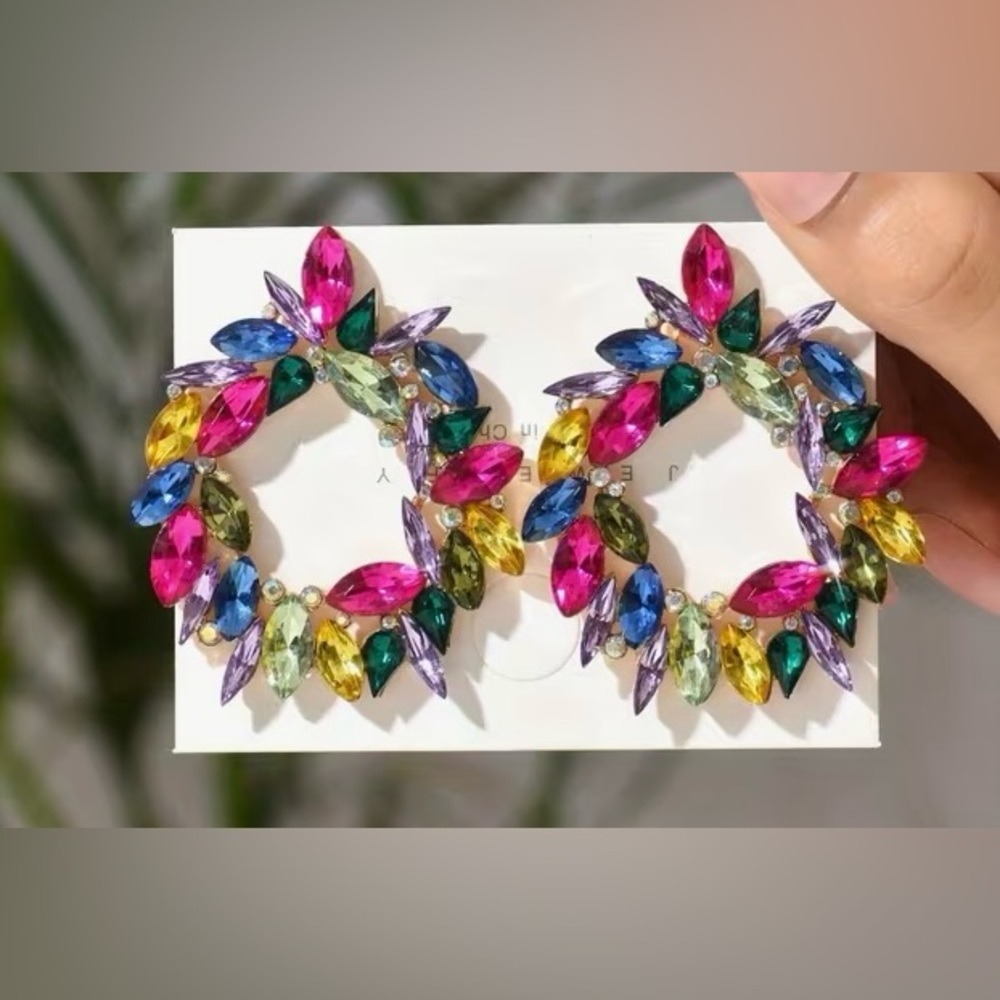 Multicolor Simulated Gemstones Statement Earrings - image 1